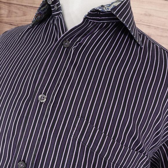 Bugatchi Uomo Shirt Mens Large Black Purple Striped Button Down Long Sleeve - Picture 2 of 9